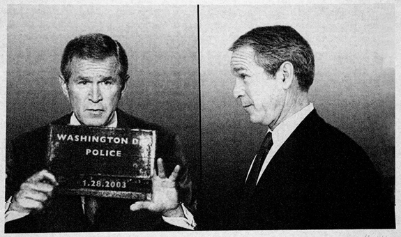 Doctored portraits show fake police mug shots of President Bush and other top White House officials in political satire art on display at main branch of New York Public Library.